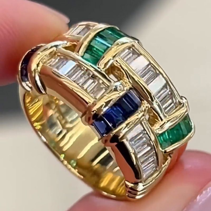 Interlocking Baguette Gemstone Wedding Band Ring