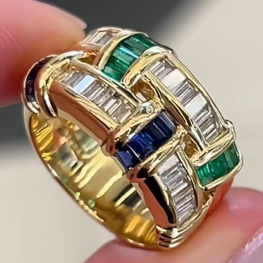 Interlocking Baguette Gemstone Wedding Band Ring