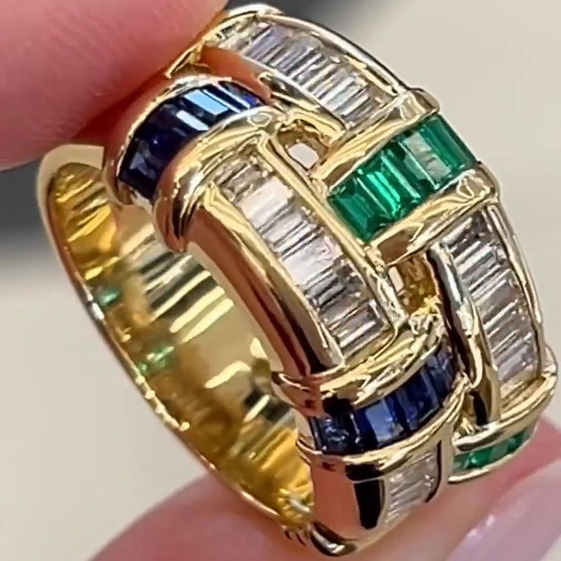 Interlocking Baguette Gemstone Wedding Band Ring