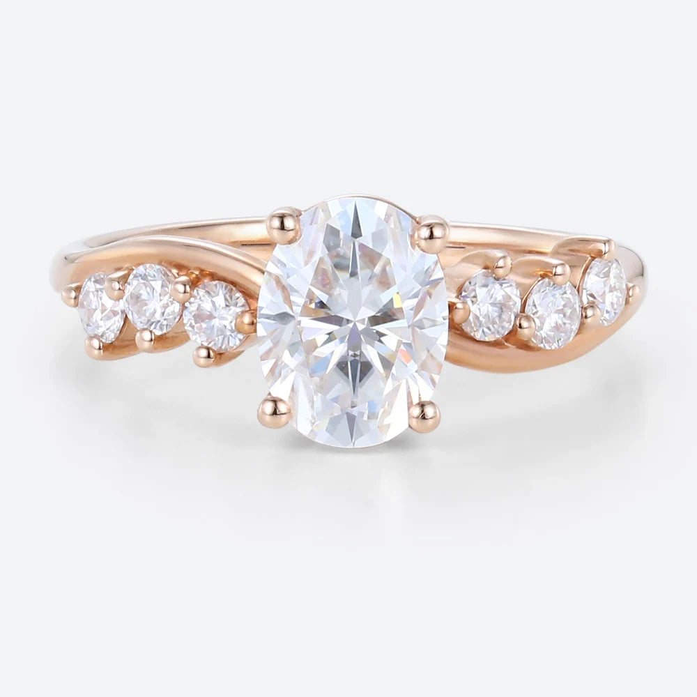 Unique Oval Moissanite Engagement Ring Swirling Romance Bridal Ring