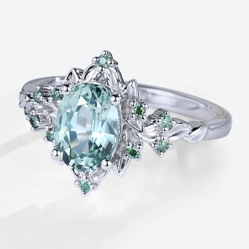 Vintage Briar Rose Oval Green Sapphire Engagement Ring Olive Leaves Ring
