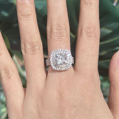 Stunning Double Halo Three Shank Cushion Cut Sterling Silver Engagement Ring