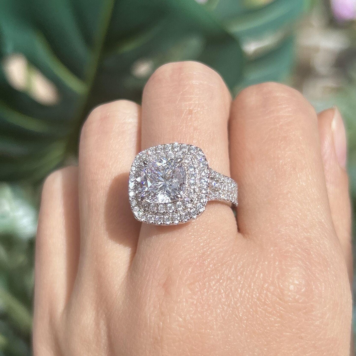 Stunning Double Halo Three Shank Cushion Cut Sterling Silver Engagement Ring