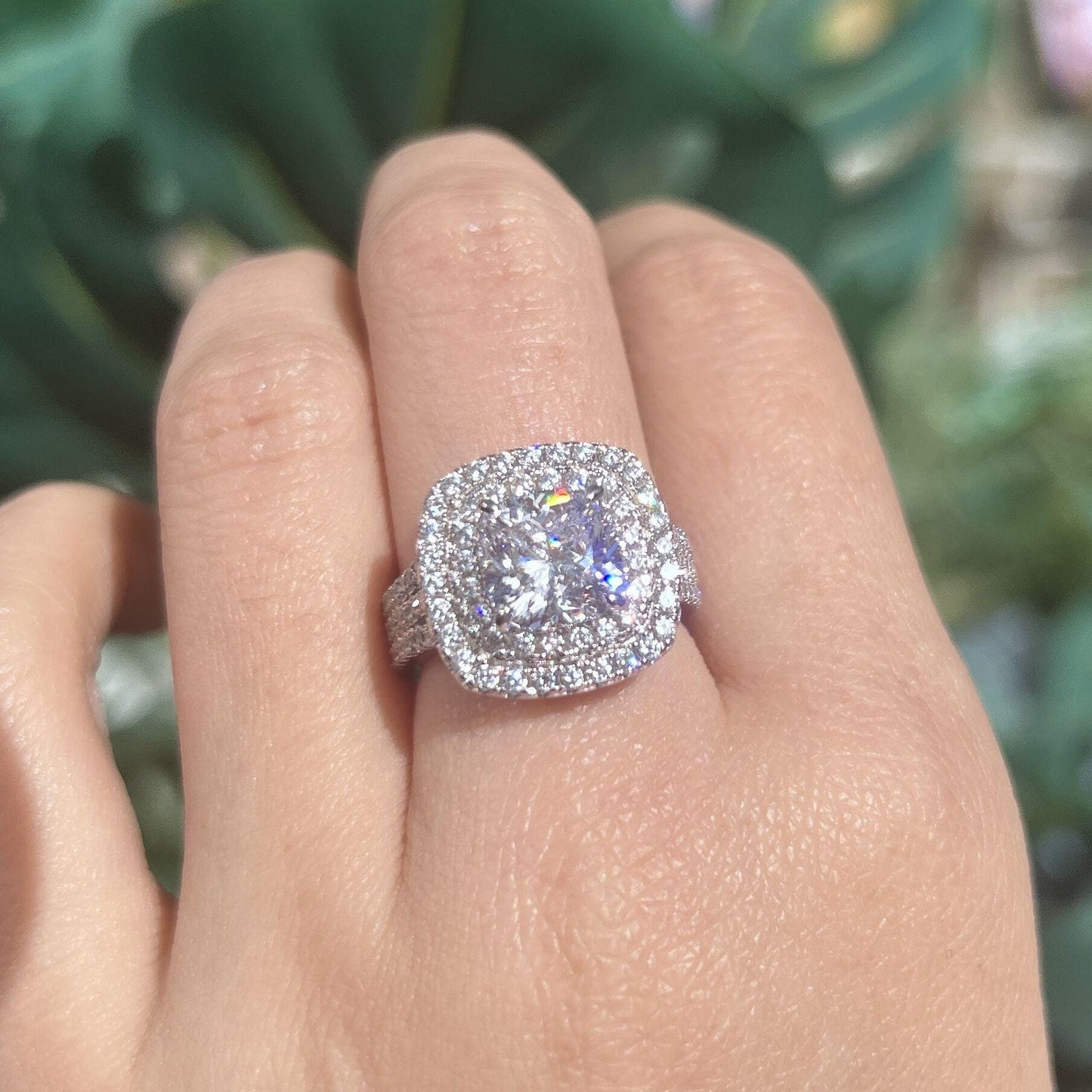 Stunning Double Halo Three Shank Cushion Cut Sterling Silver Engagement Ring