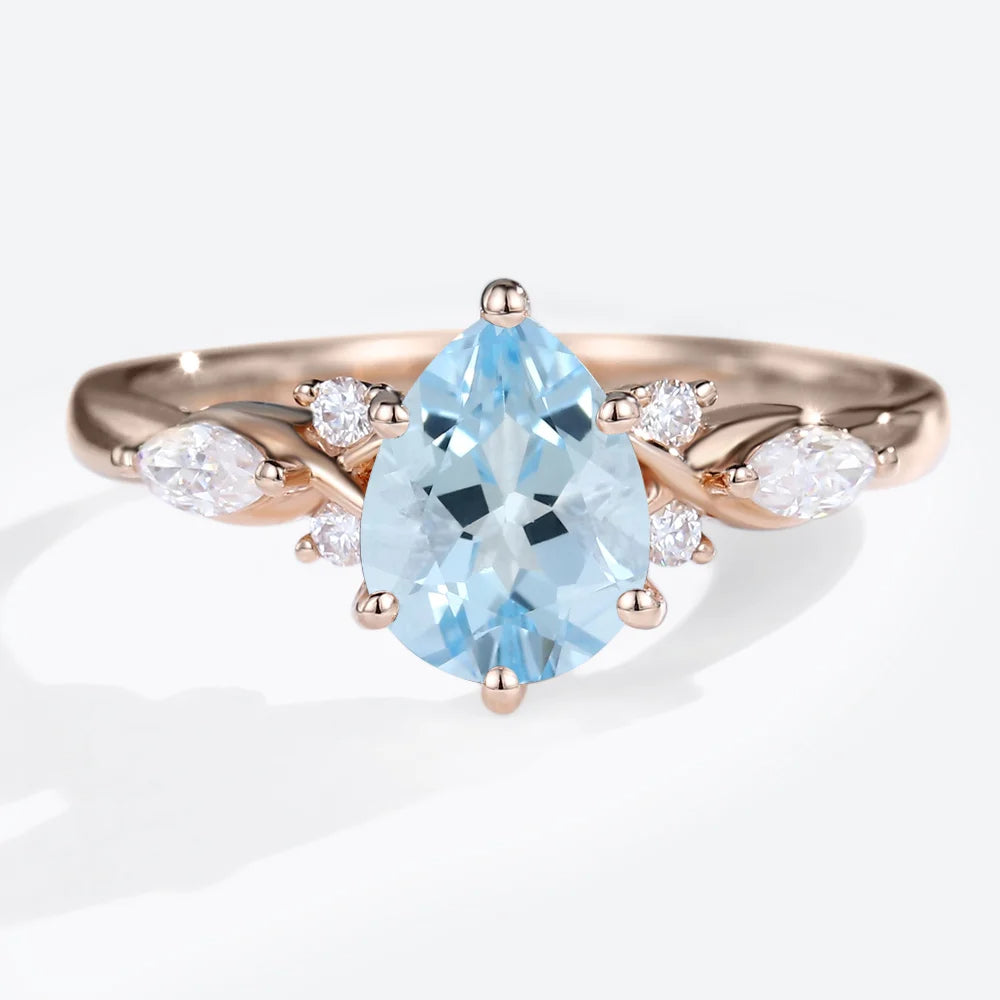 Vintage Pear Lab Aquamarine and Moissanite Split Shank Engagement Ring