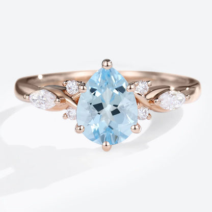 Vintage Pear Lab Aquamarine and Moissanite Split Shank Engagement Ring