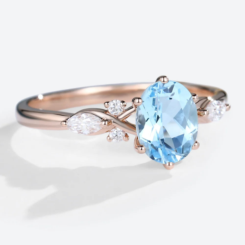 Vintage Oval Lab Aquamarine and Moissanite Split Shank Engagement Ring