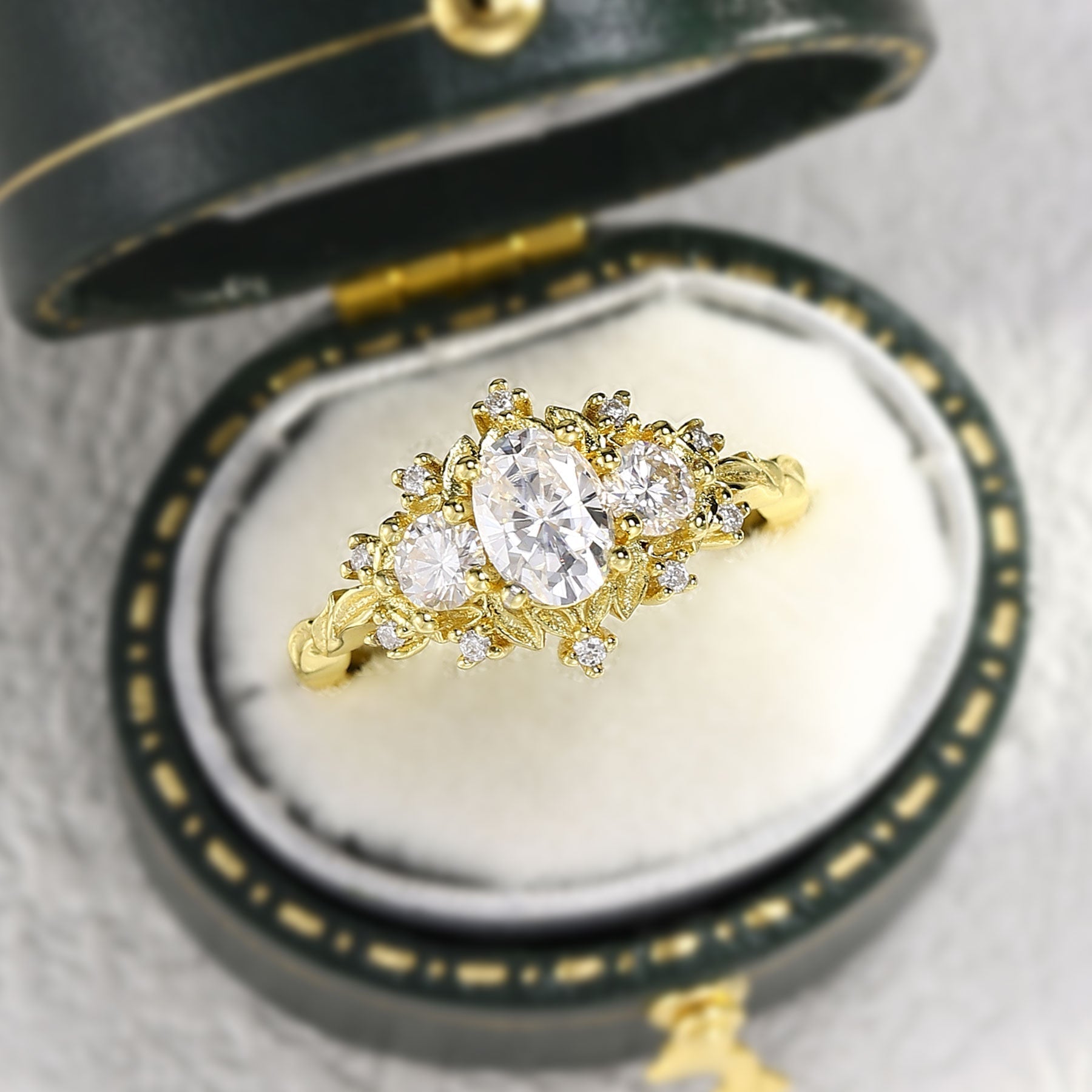 Unique floral engagement rings Briar Rose Three Stone Oval Moissanite 18K Yellow Gold Ring