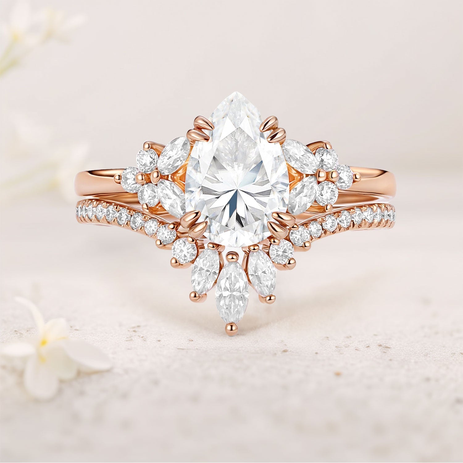 Unique Cluster Pear Moissanite 18K Rose Gold Chevron Wedding Ring Set