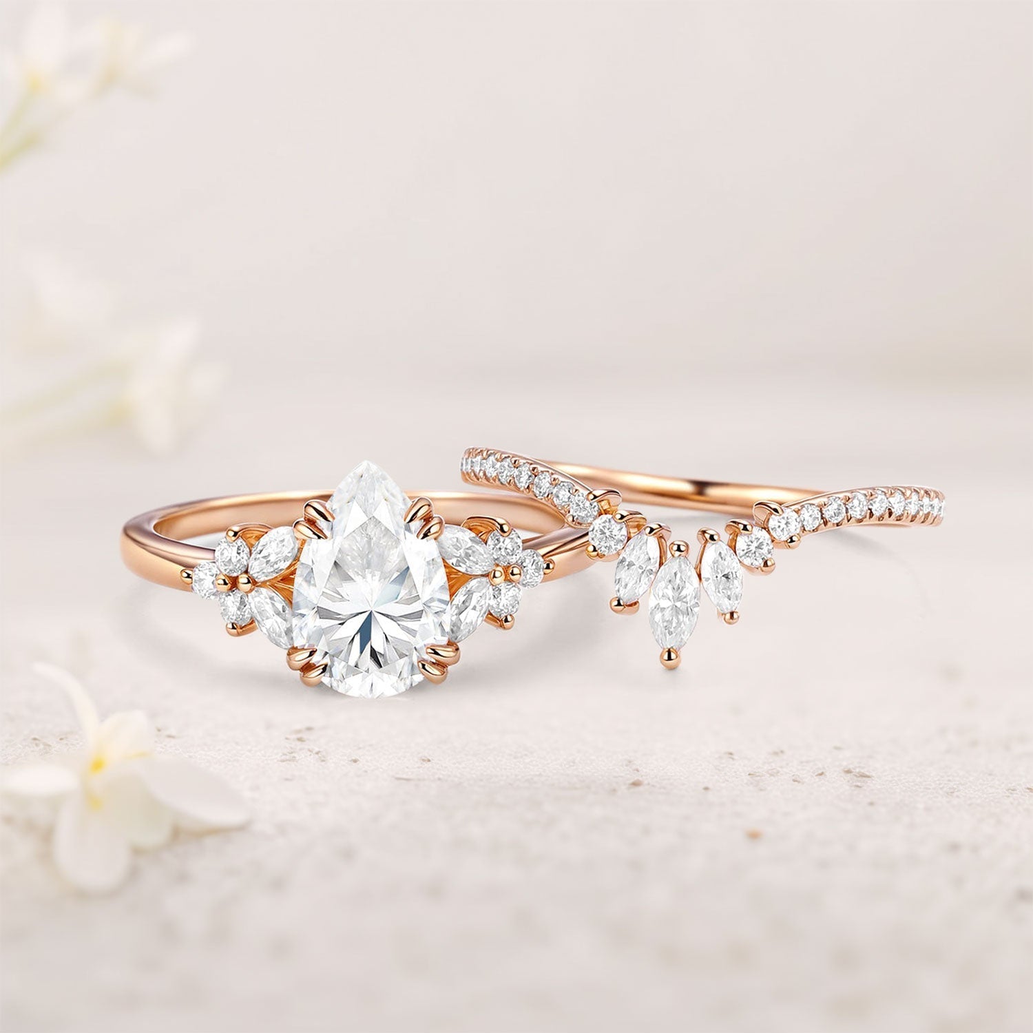 Unique Cluster Pear Moissanite 18K Rose Gold Chevron Wedding Ring Set
