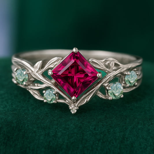 Customize your own Unique Princess Cut Lab Ruby Engagement Ring Floral Elegance Bridal Ring