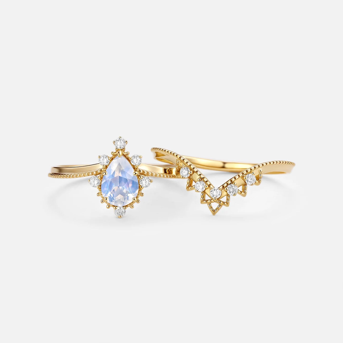 Vintage Pear Moonstone and Moissanite Chevron Ring Set Bridal Set