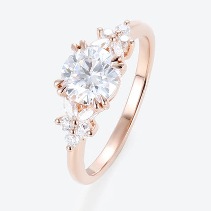 Unique Round Moissanite Floral Cluster Engagement Rings Double Prong Bridal Ring