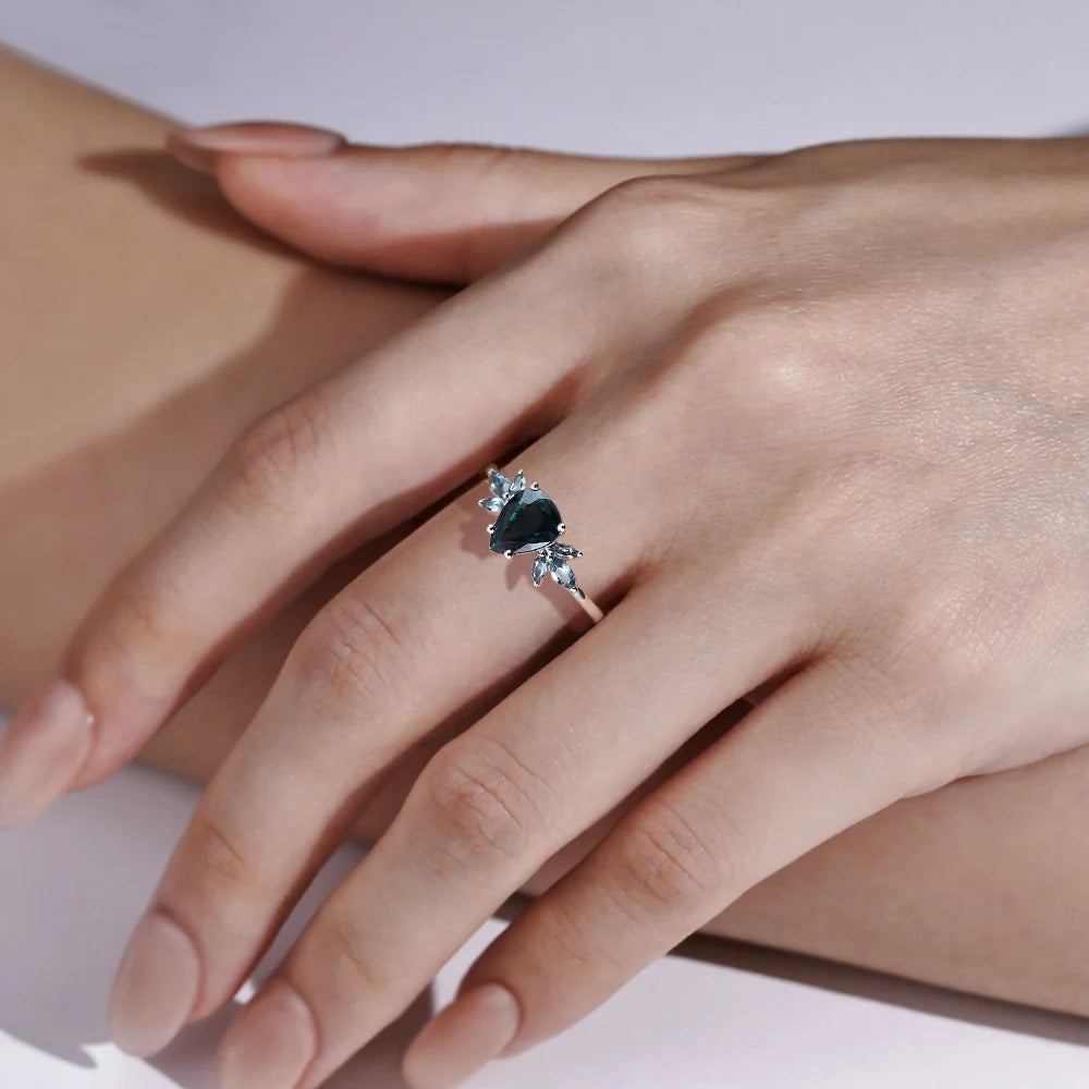 Unique Pear Lab Alexandrite Engagement Ring with Petal Accents