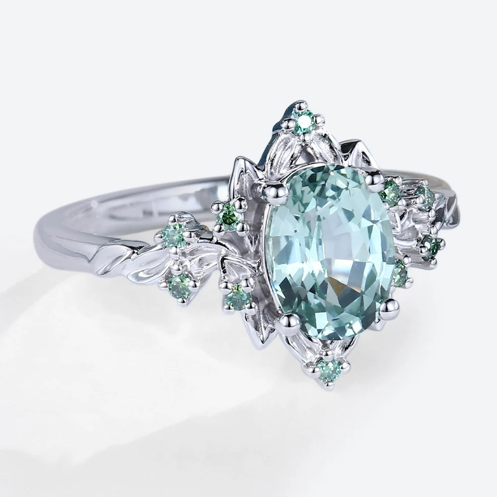 Vintage Briar Rose Oval Green Sapphire Engagement Ring Olive Leaves Ring