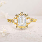 Vintage floral engagement rings Three Stone Emerald cut Moissanite 18K Yellow Gold ring Promise ring