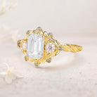 Vintage floral engagement rings Three Stone Emerald cut Moissanite 18K Yellow Gold ring Promise ring