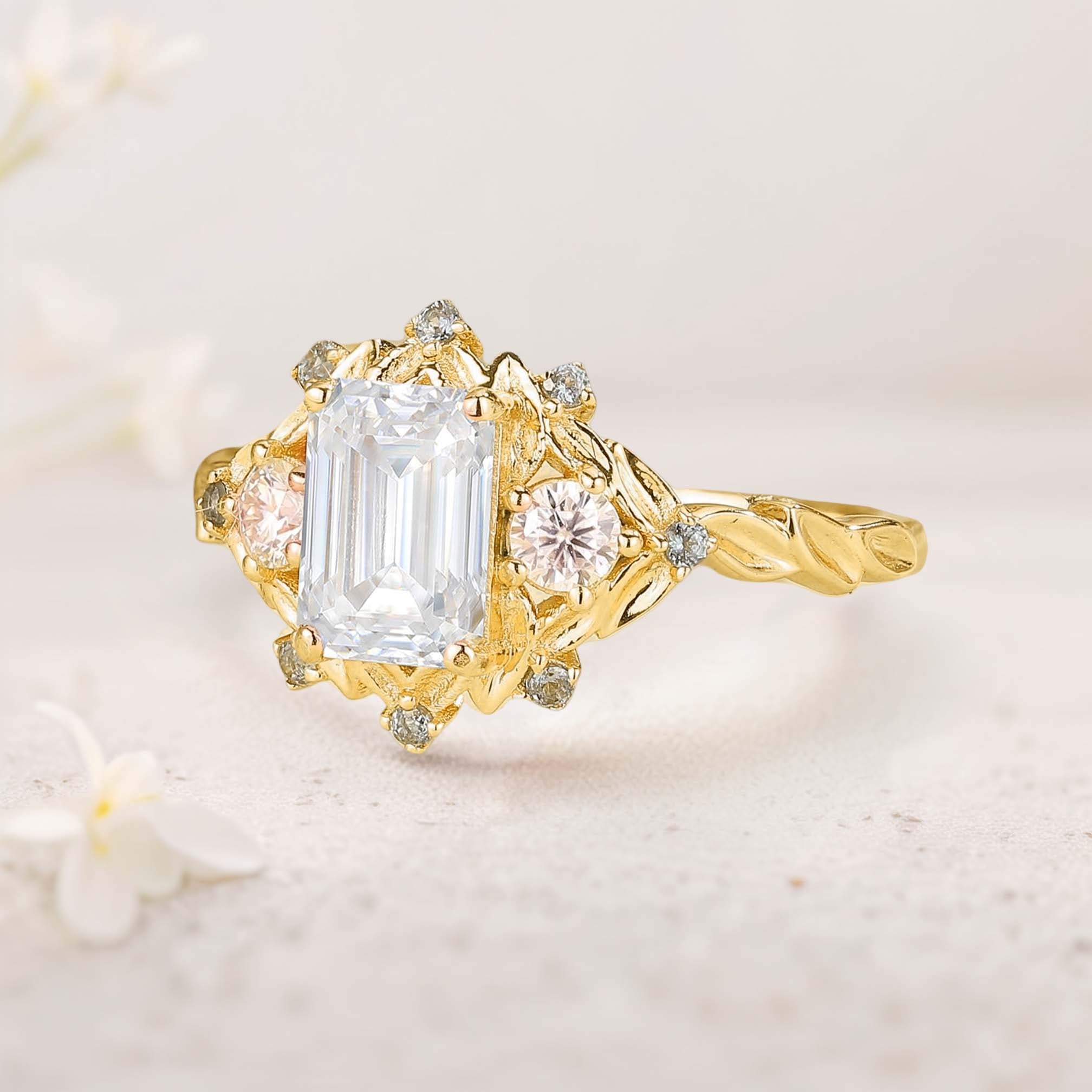 Vintage floral engagement rings Three Stone Emerald cut Moissanite 18K Yellow Gold ring Promise ring