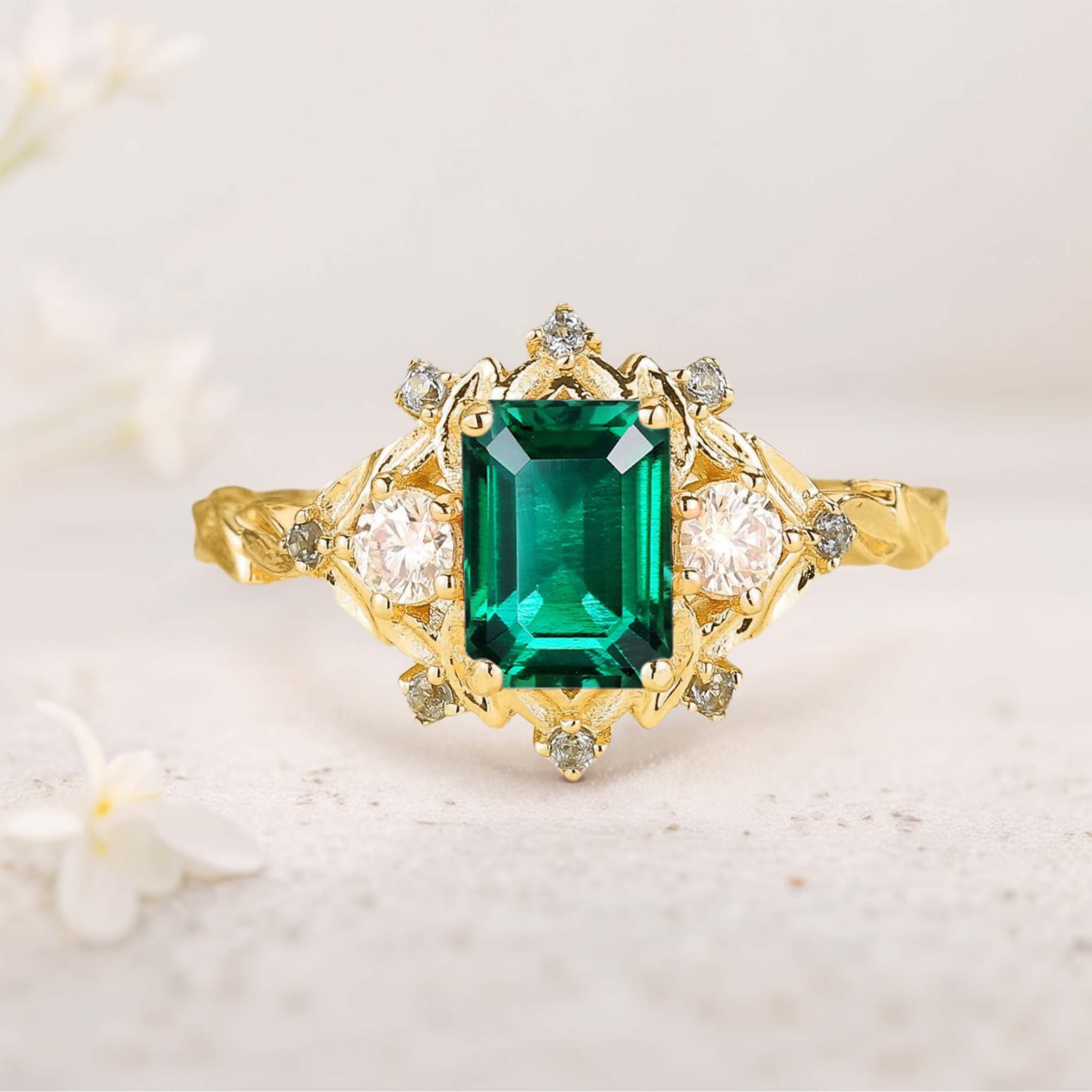 Vintage floral engagement rings Three Stone Lab Emerald 18K Yellow Gold Engagement ring Fairy ring