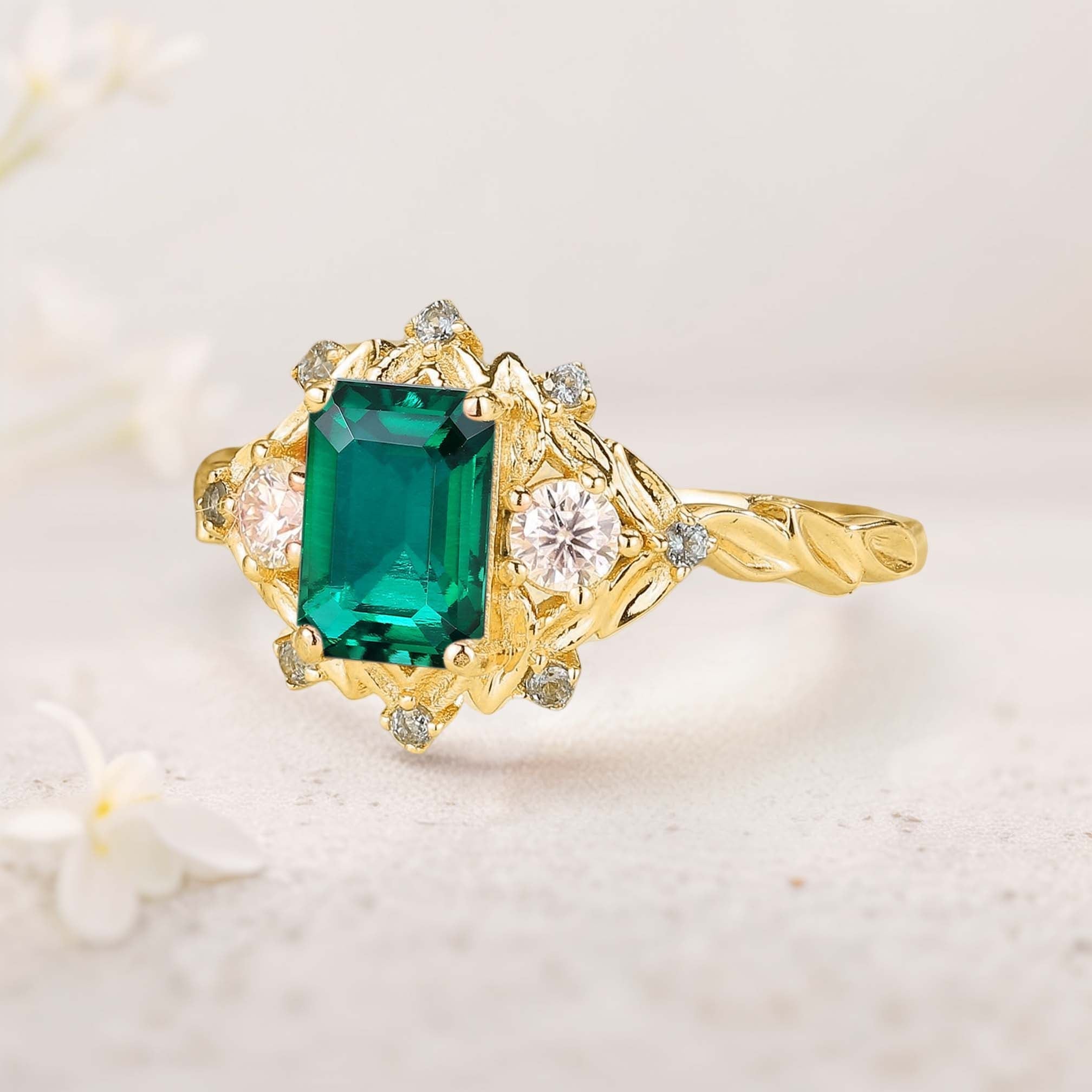 Vintage floral engagement rings Three Stone Lab Emerald 18K Yellow Gold Engagement ring Fairy ring