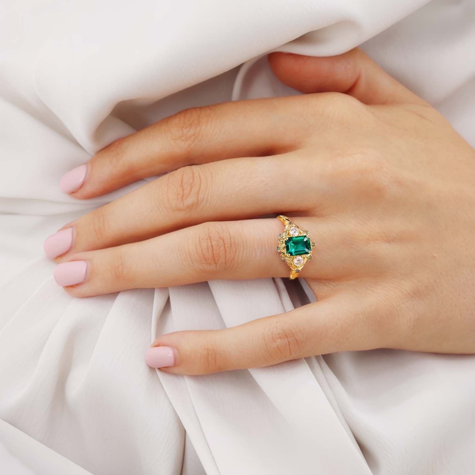 Vintage floral engagement rings Three Stone Lab Emerald 18K Yellow Gold Engagement ring Fairy ring