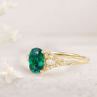 Unique Oval Lab Emerald and Moissanite 18K Yellow Gold Wedding Ring