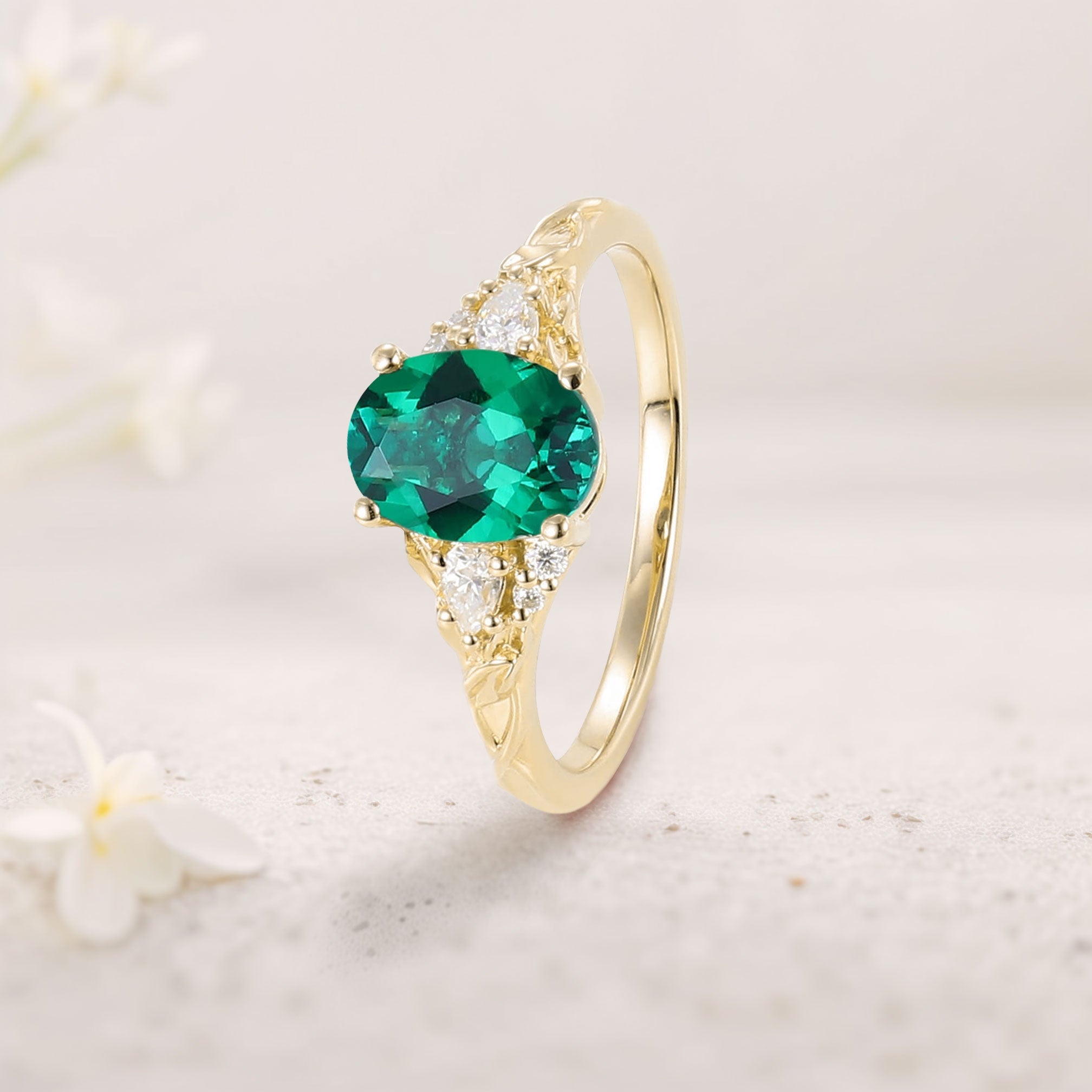 Unique Oval Lab Emerald and Moissanite 18K Yellow Gold Wedding Ring