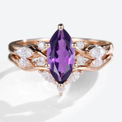 Unique Marquise Amethyst and Moissanite Wedding Ring Set Bridal Ring Set
