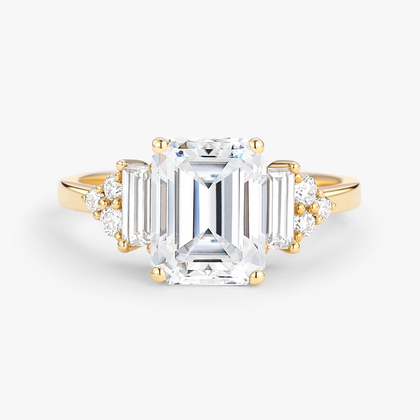 Unique Floral Three stone Emerald Cut Moissanite Engagement Ring