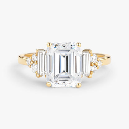 Unique Floral Three stone Emerald Cut Moissanite Engagement Ring