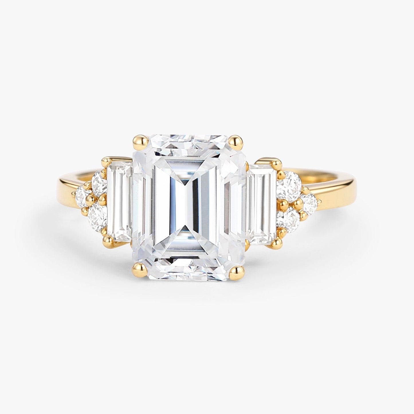 Unique Floral Three stone Emerald Cut Moissanite Engagement Ring