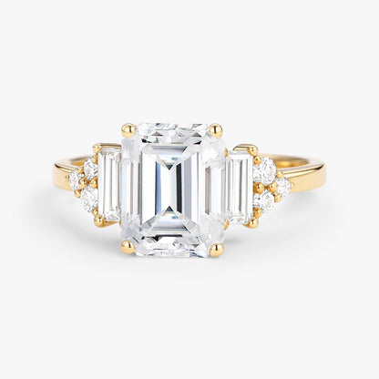 Unique Floral Three stone Emerald Cut Moissanite Engagement Ring