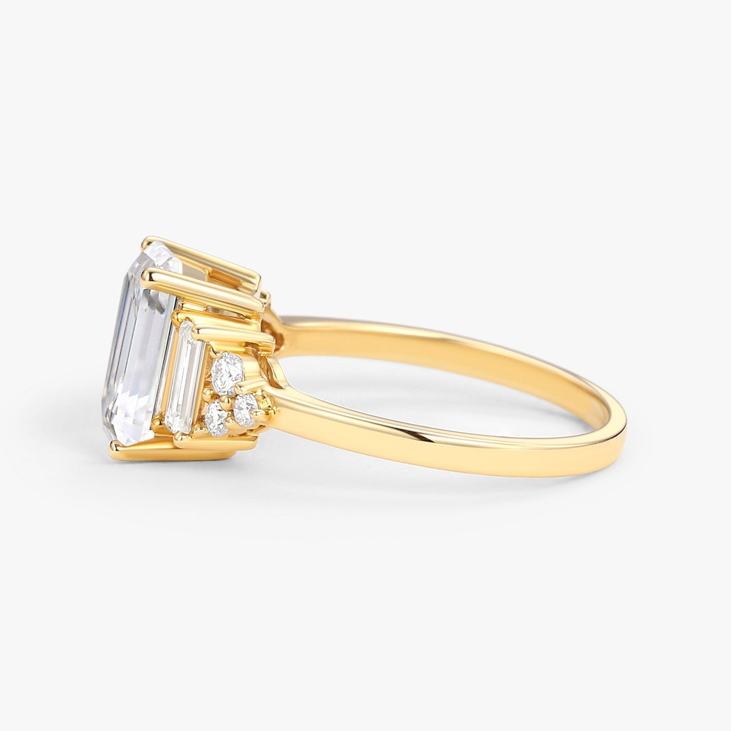 Unique Floral Three stone Emerald Cut Moissanite Engagement Ring