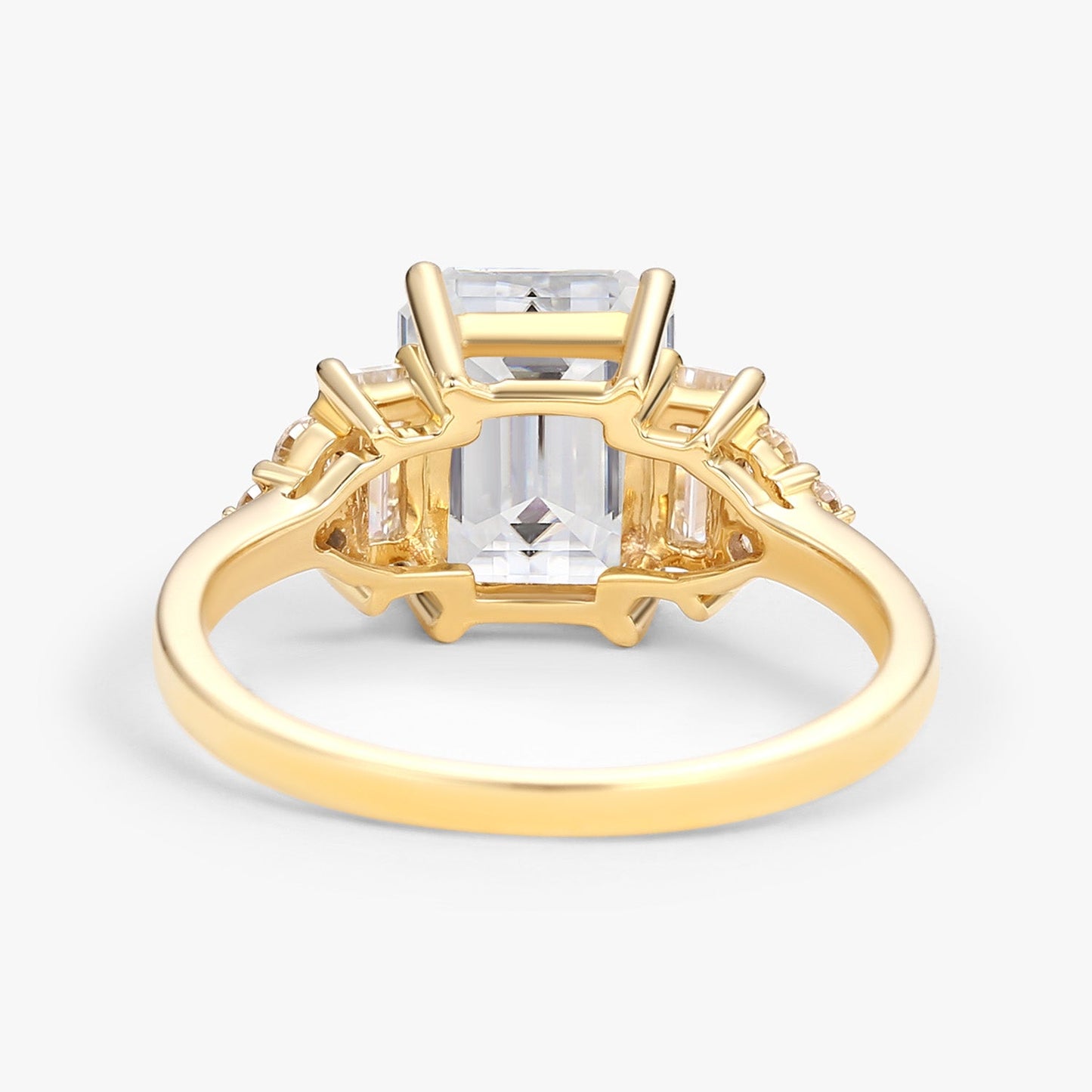 Unique Floral Three stone Emerald Cut Moissanite Engagement Ring