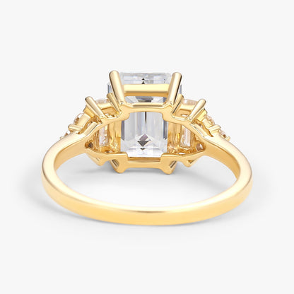 Unique Floral Three stone Emerald Cut Moissanite Engagement Ring
