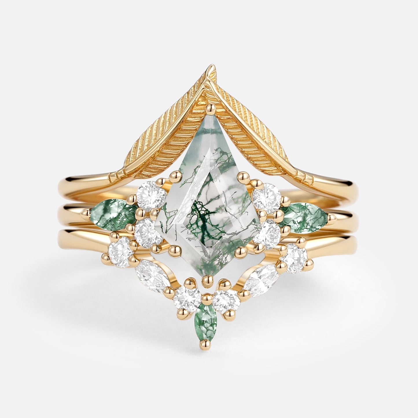 Unique floral engagement rings Kite Moss Agate Leafy Engagement Bridal Set