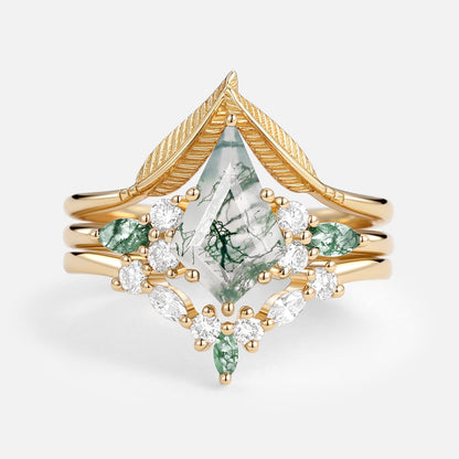 Unique floral engagement rings Kite Moss Agate Leafy Engagement Bridal Set