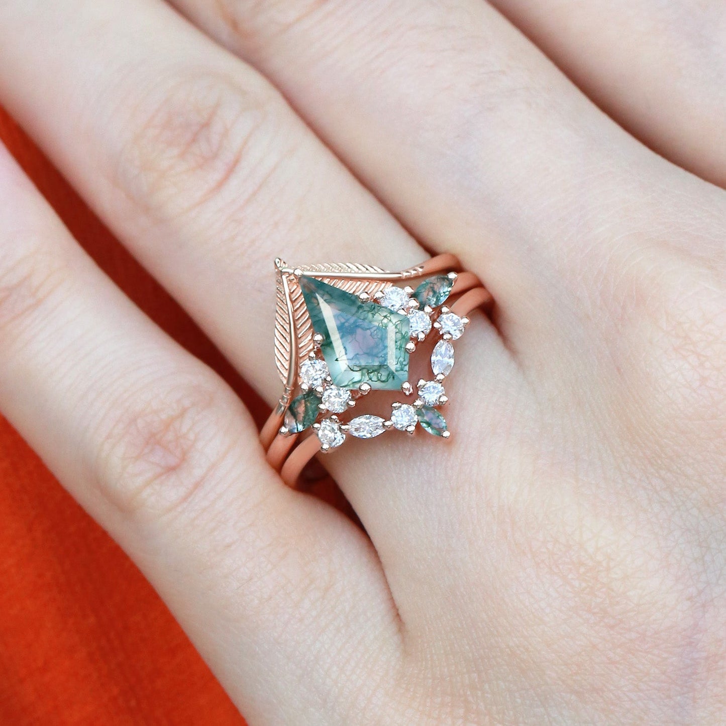 Unique floral engagement rings Kite Moss Agate Leafy Engagement Bridal Set