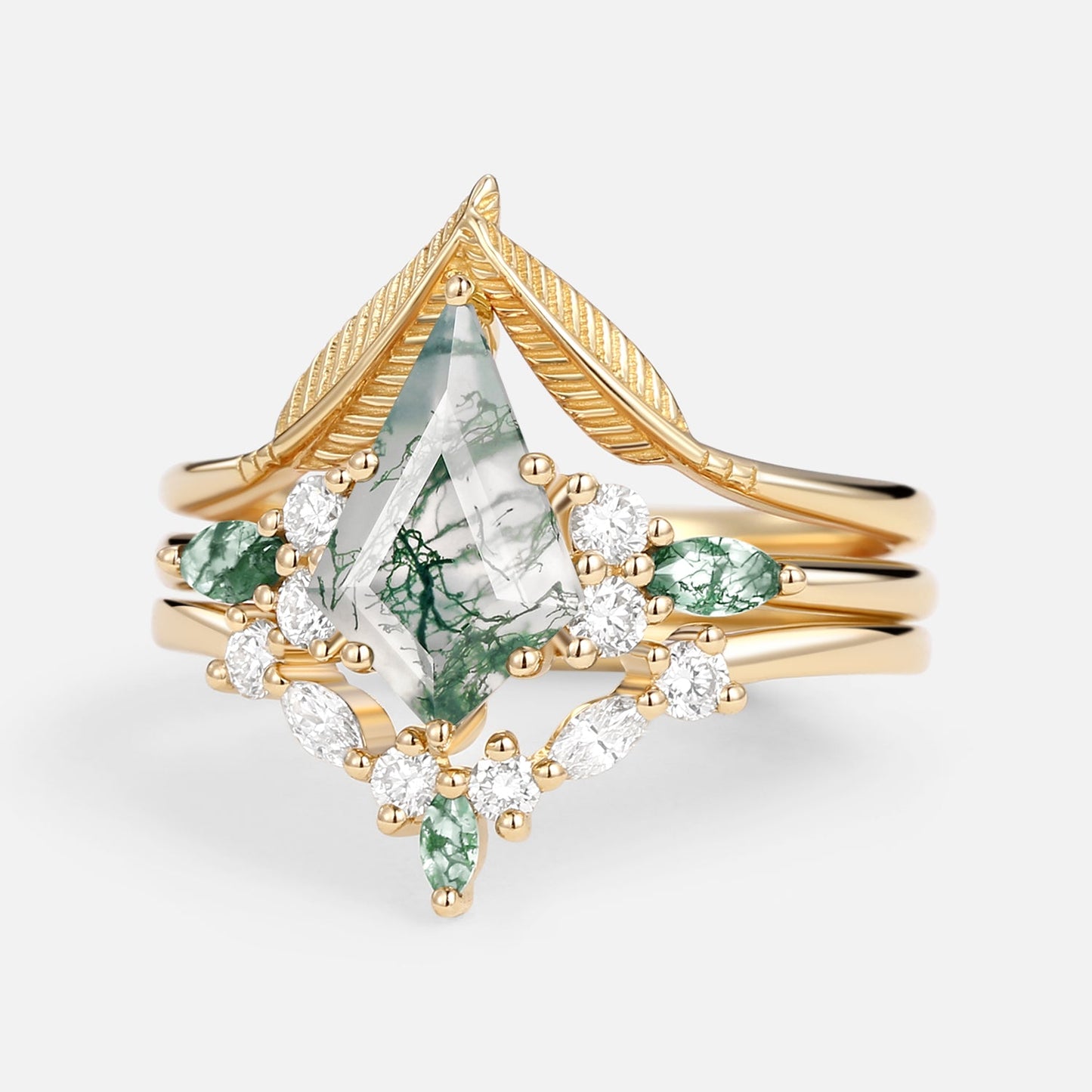 Unique floral engagement rings Kite Moss Agate Leafy Engagement Bridal Set