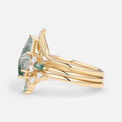 Unique floral engagement rings Kite Moss Agate Leafy Engagement Bridal Set