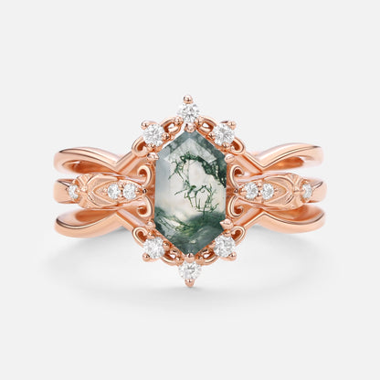 Vintage floral engagement rings Long Hexagon Moss Agate Wedding Ring Set