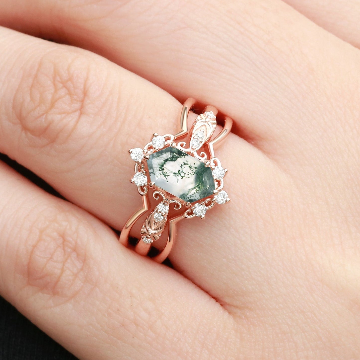 Vintage floral engagement rings Long Hexagon Moss Agate Wedding Ring Set