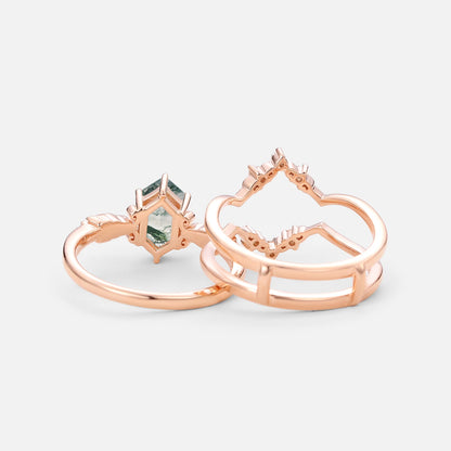 Vintage floral engagement rings Long Hexagon Moss Agate Wedding Ring Set