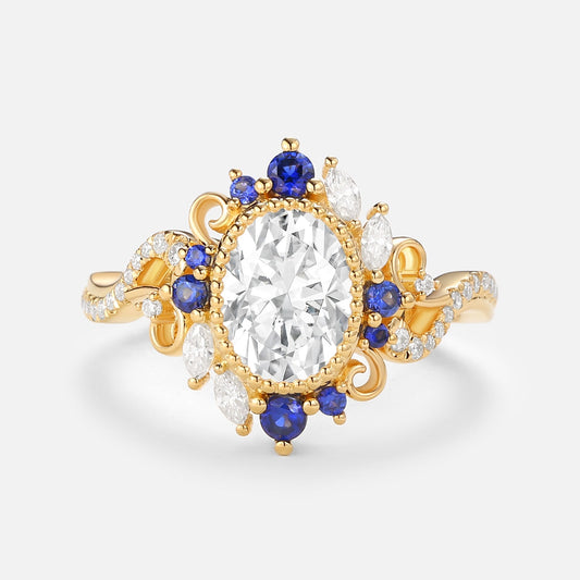 Unique floral engagement rings Halo Oval Moissanite and Sapphire Twist Ring