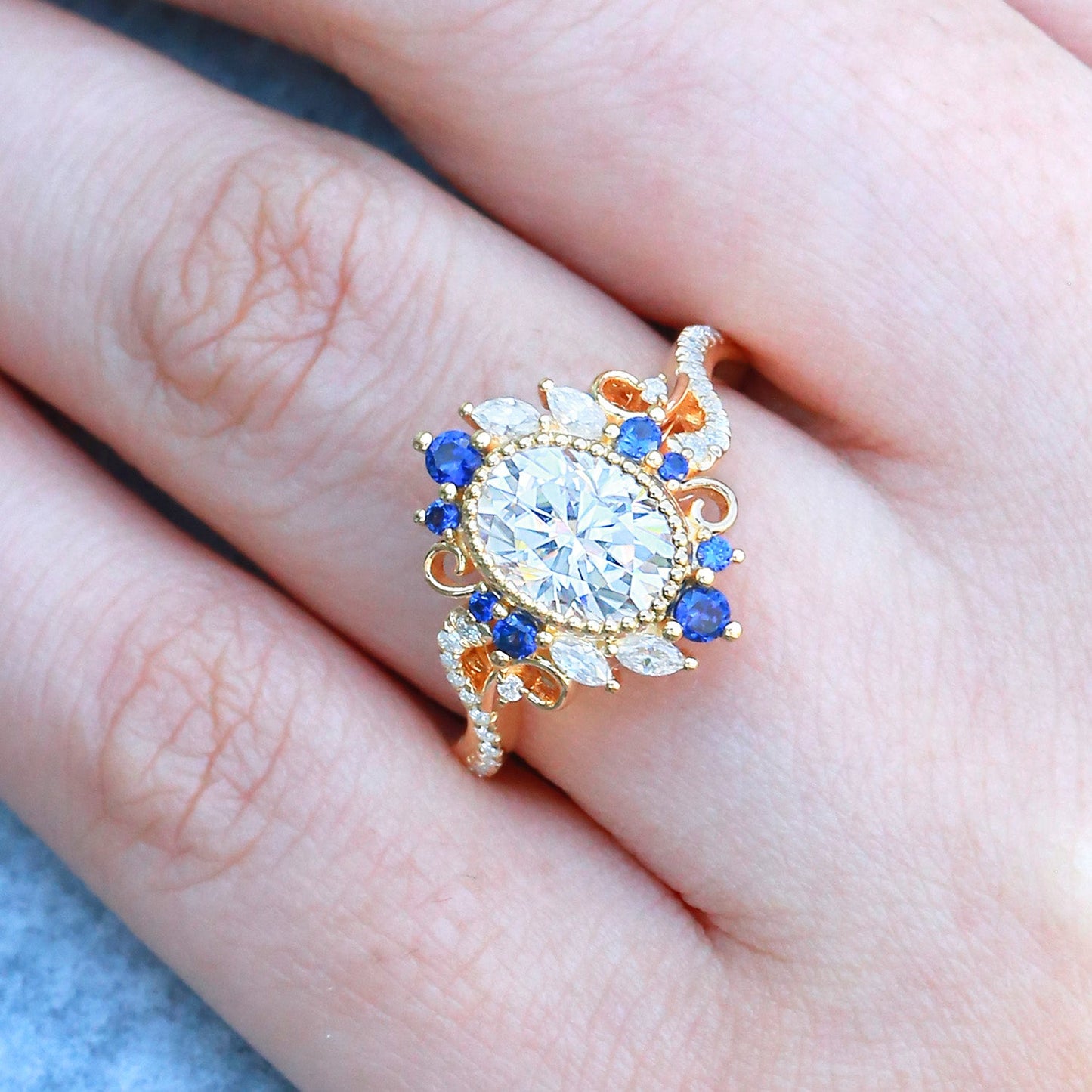 Unique floral engagement rings Halo Oval Moissanite and Sapphire Twist Ring