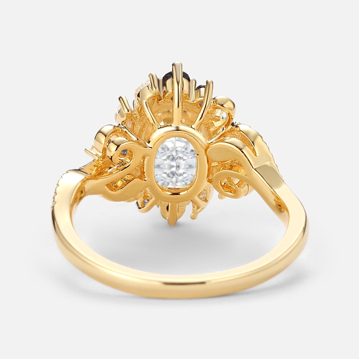 Unique floral engagement rings Halo Oval Moissanite and Sapphire Twist Ring