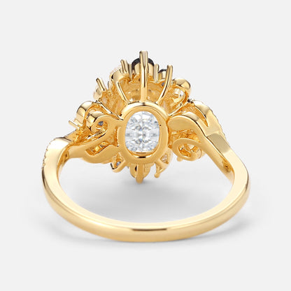 Unique floral engagement rings Halo Oval Moissanite and Sapphire Twist Ring