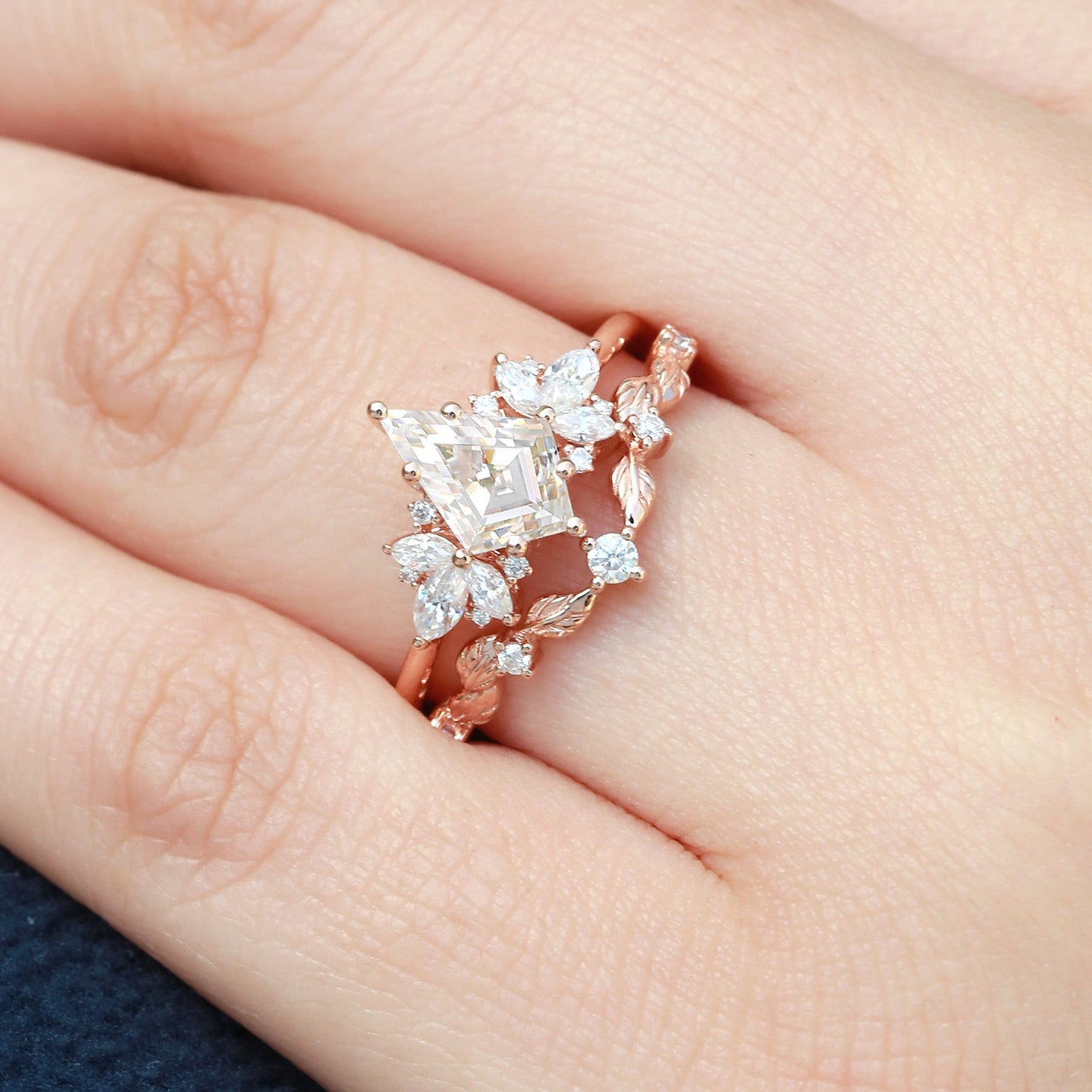 Unique floral engagement rings Kite Moissanite Butterfly Cluster Ring Set