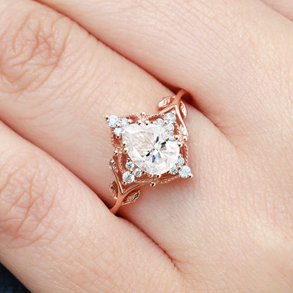 Vintage floral engagement rings Pear Moissanite Leafy Engagement Ring