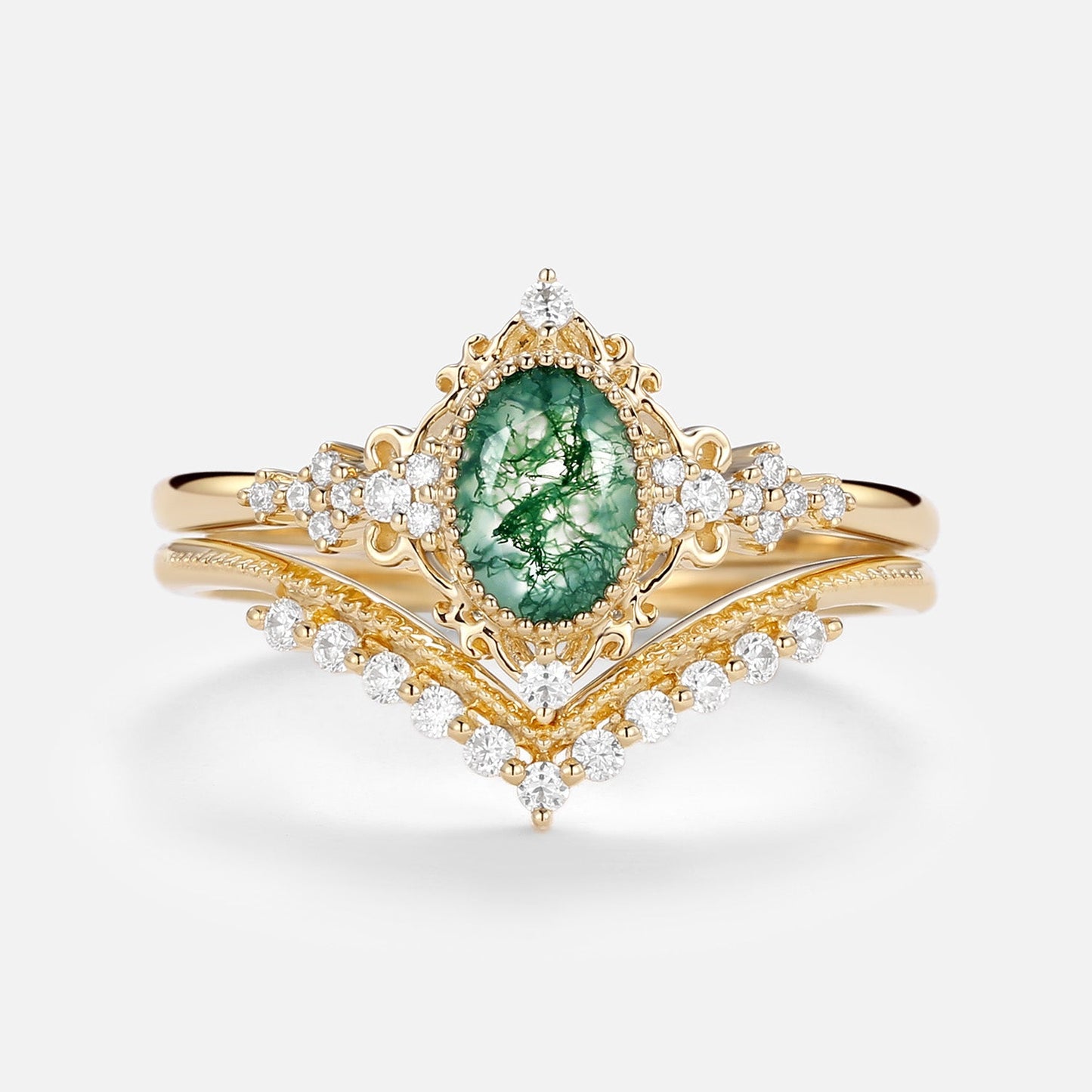 Vintage floral engagement rings Oval Moss Agate Milgrain Engagement Ring Set